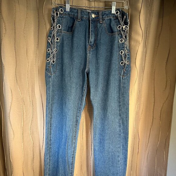 Denim Blvd Los Angeles Medium Wash Boyfriend Chain Side Jeans, Size Small - Picture 1 of 12